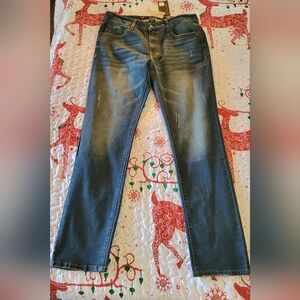 NWT MBX Stylish Blue Distressed Jeans Mens 34x32" Slim Fit Straight Jeans